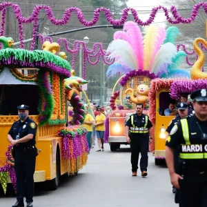 Colorful Mardi Gras celebration with police presence in Shreveport for safety.