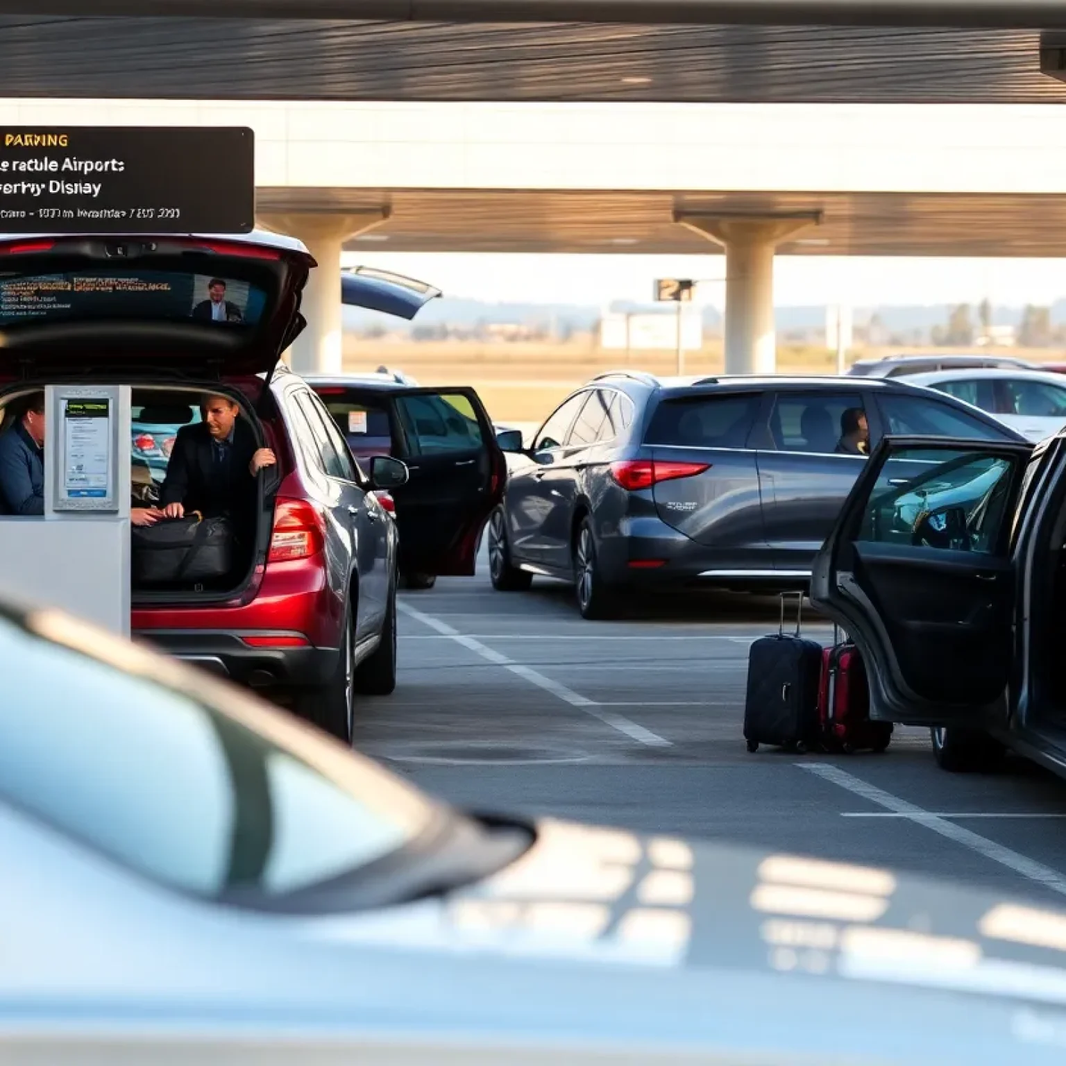 Shreveport airport parking with travelers and cars