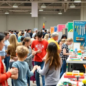 Families participating in hands-on activities at the Maker Faire