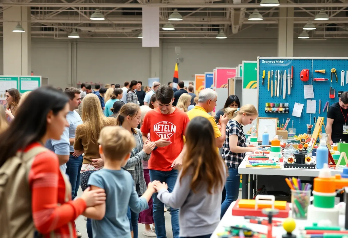 Families participating in hands-on activities at the Maker Faire