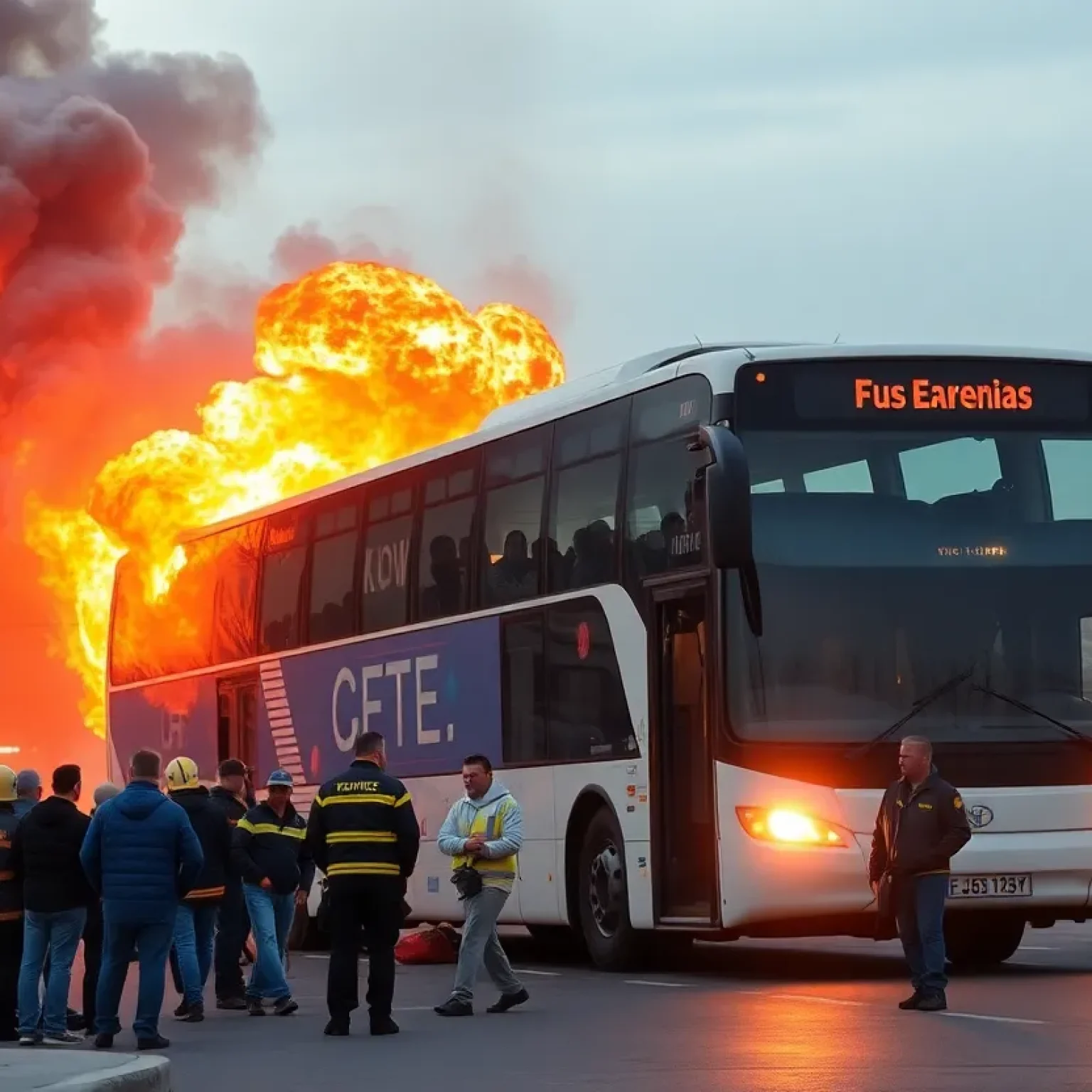 Scene of a bus explosion in Shreveport with flames and first responders.