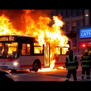 Burning bus at Shreveport intersection with firefighters responding