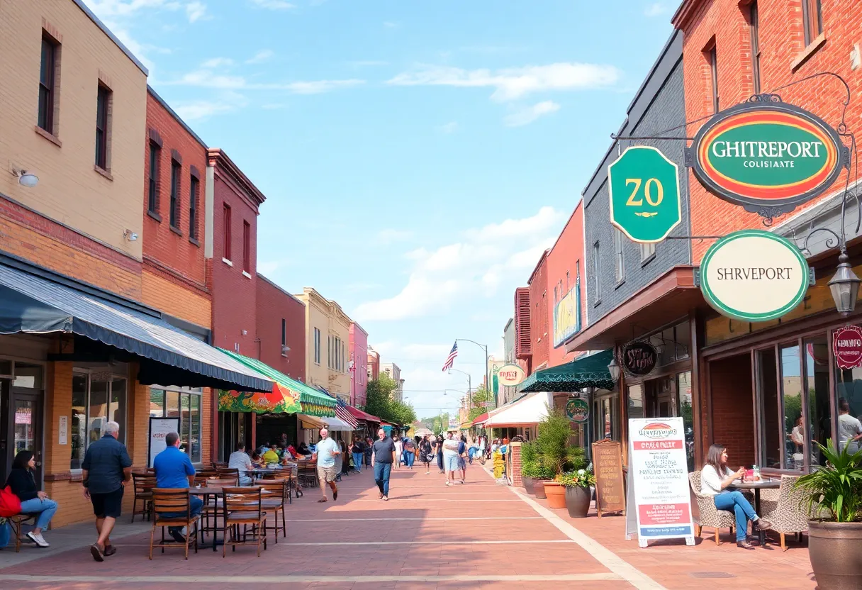 A bustling street in Shreveport, Louisiana, highlighting various local businesses and customers.