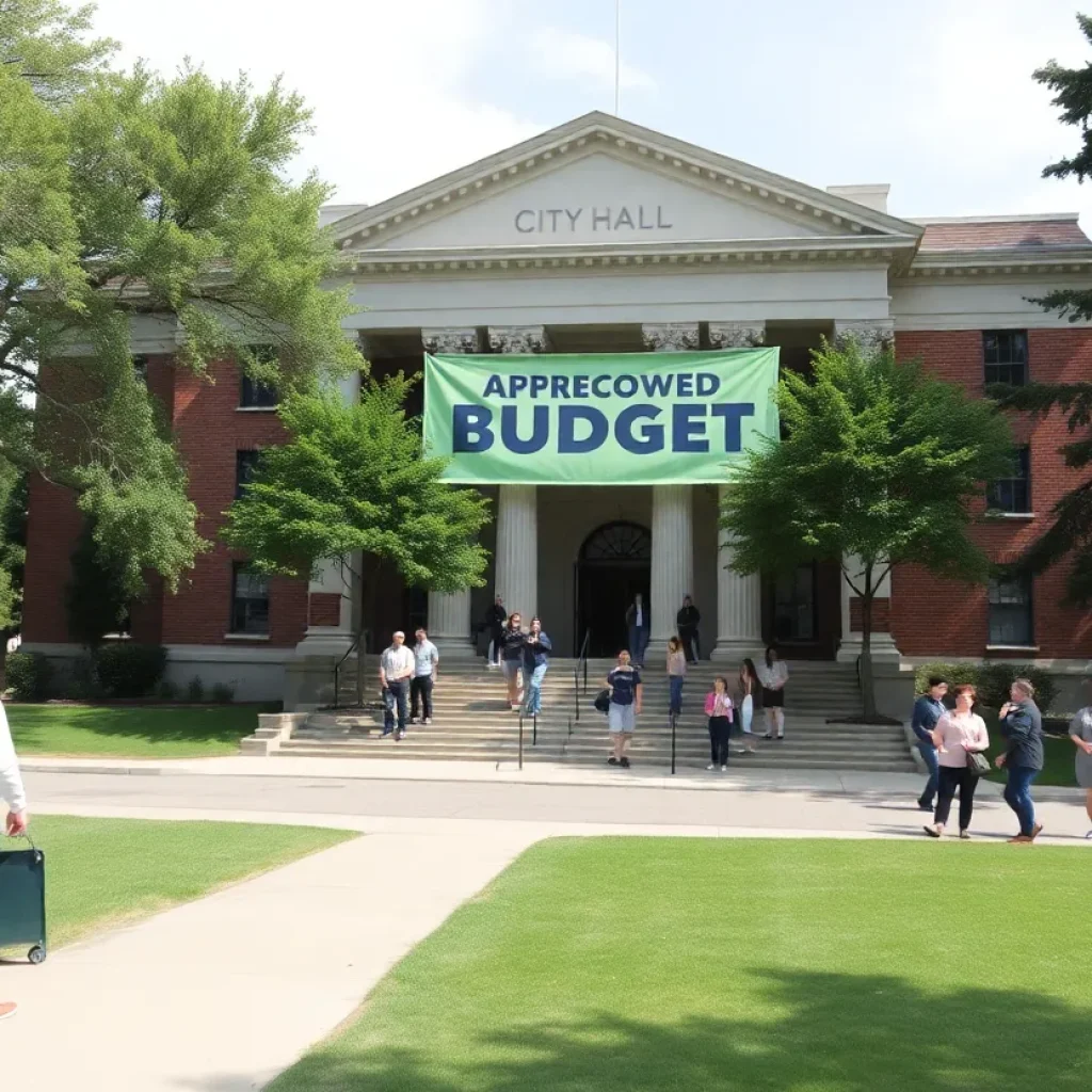 Shreveport City Hall with budget announcement banner