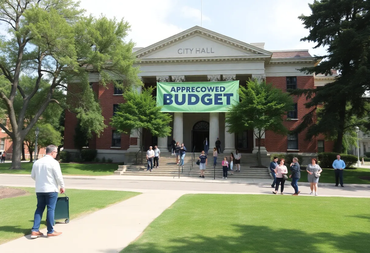 Shreveport City Hall with budget announcement banner