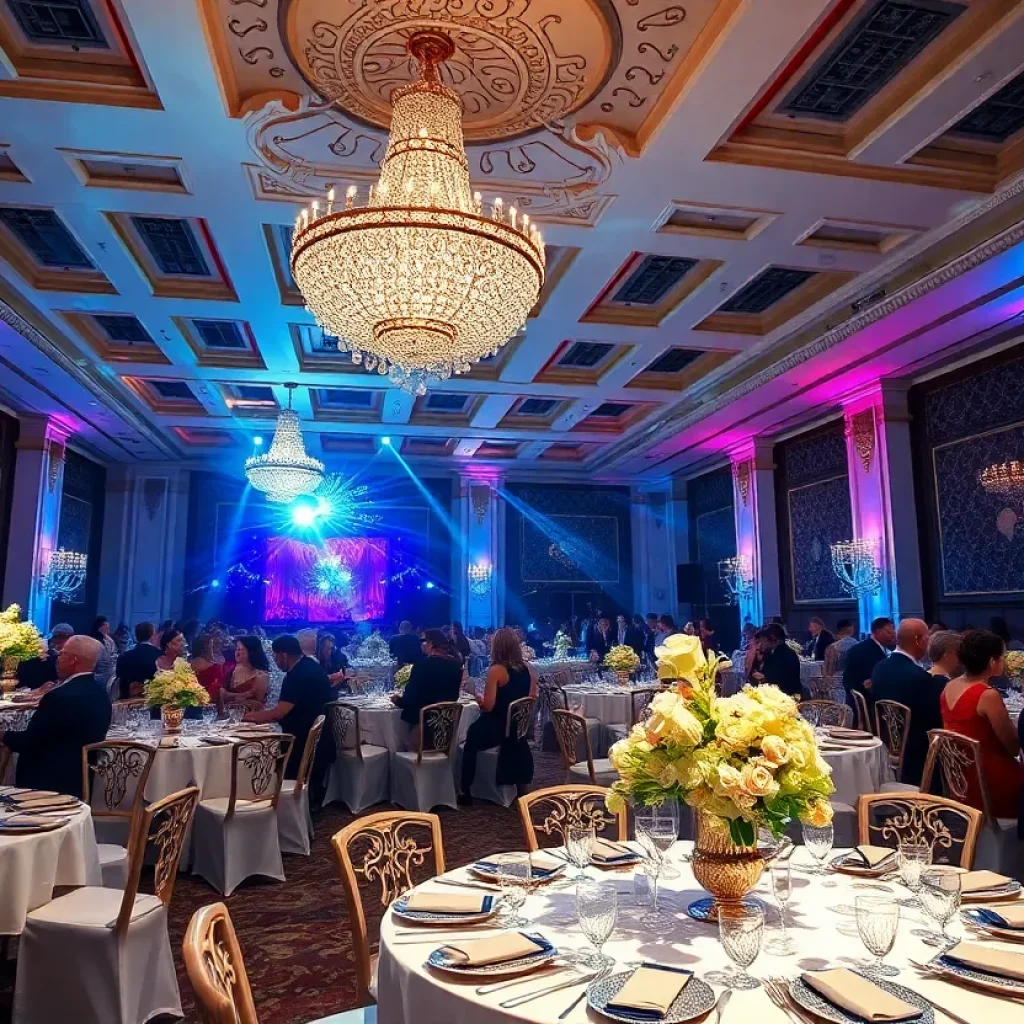 A glamorous ballroom filled with guests celebrating the Shreveport Cotillion's 75th anniversary.