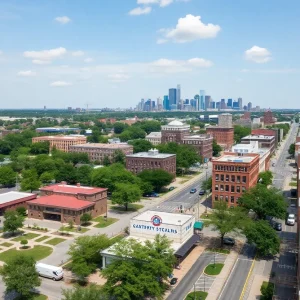 Aerial view of downtown Shreveport showcasing urban development.