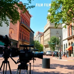Historical buildings in Shreveport, Louisiana with film production equipment