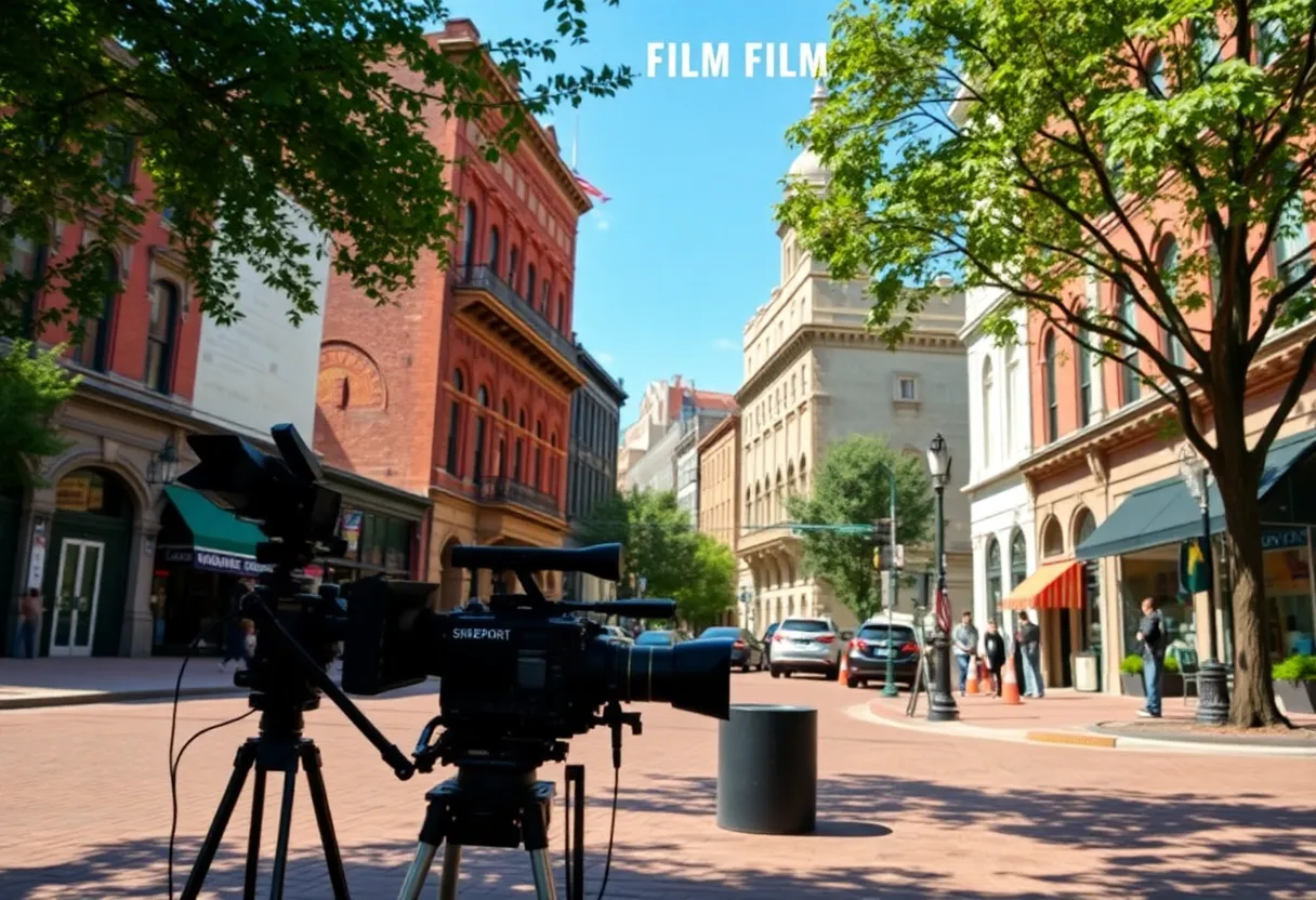 Historical buildings in Shreveport, Louisiana with film production equipment