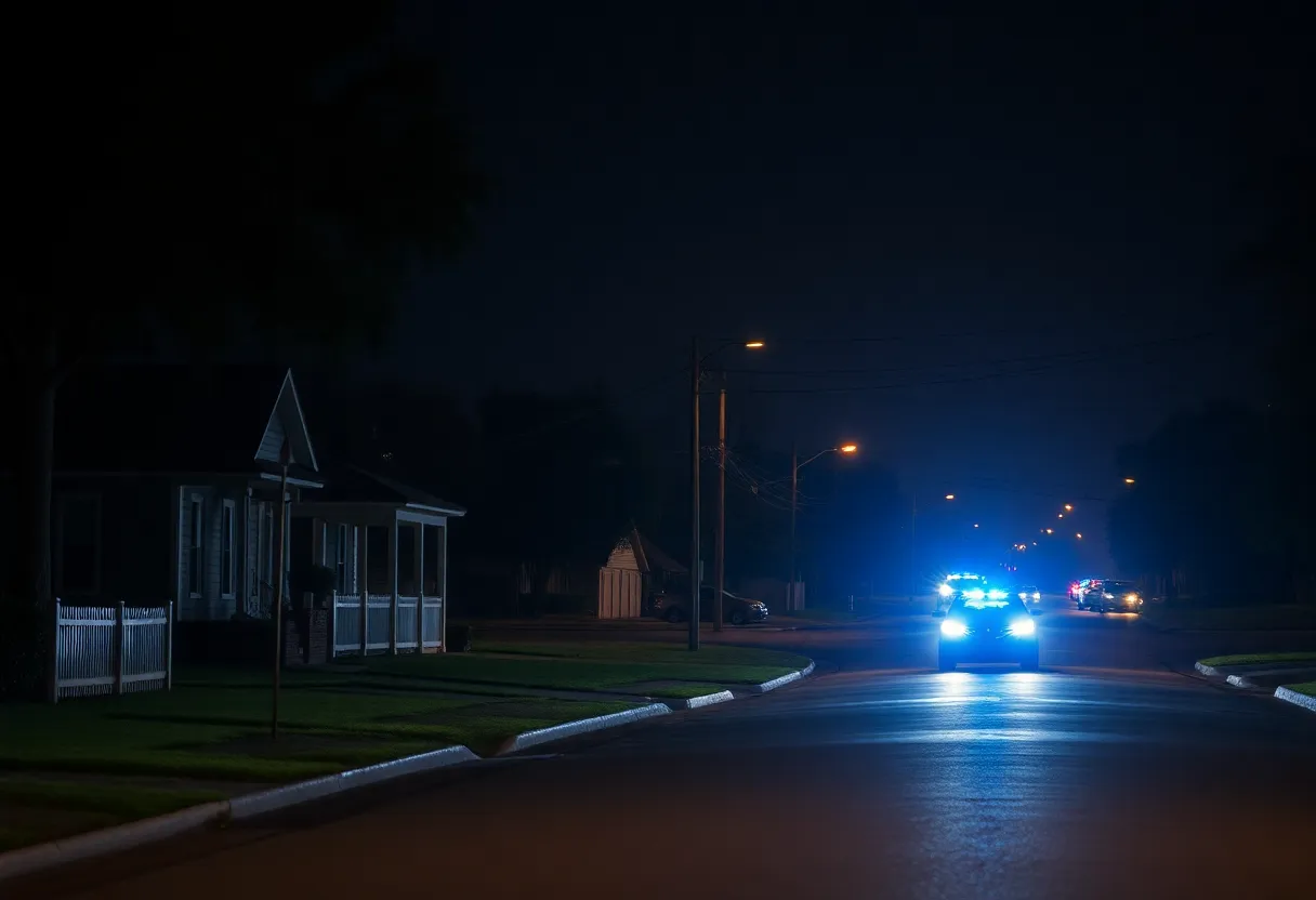Police lights illuminating a quiet neighborhood street in Shreveport.