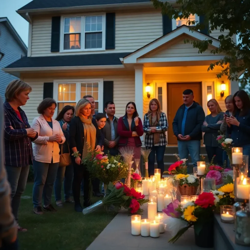 Community members holding candles in memory of a family lost in a house fire