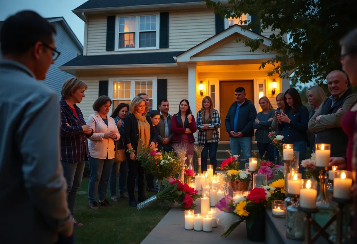 Community members holding candles in memory of a family lost in a house fire