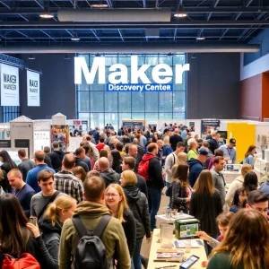 Crowd enjoying the Shreveport Maker Faire with various booths and activities.