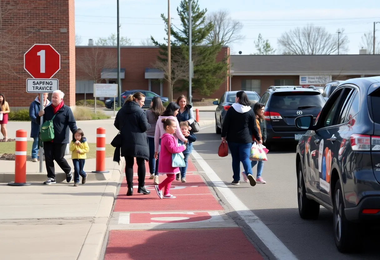 Illustration of a school drop-off area with traffic management signage