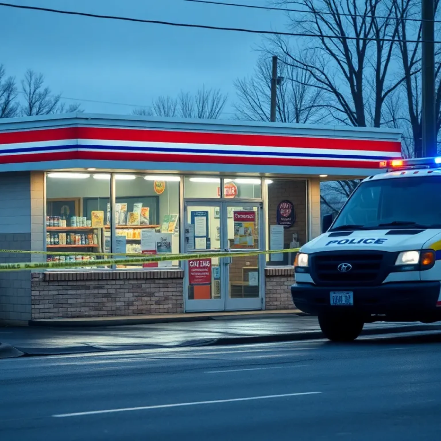 Convenience store scene with police presence