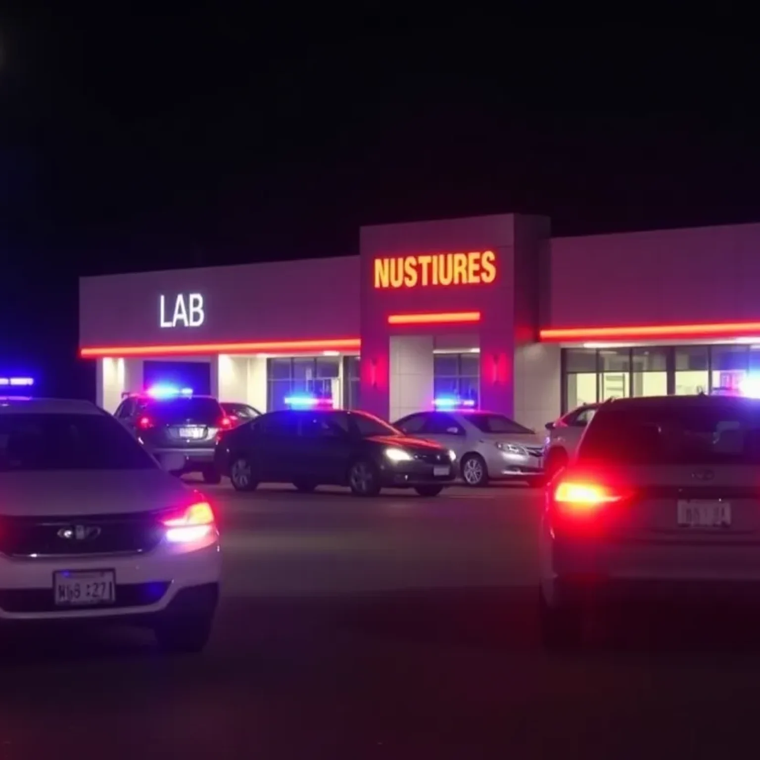Police lights at car dealership investigating vehicle theft