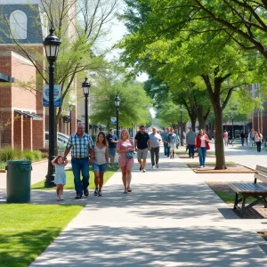 Clean and vibrant streets in Shreveport with residents enjoying the outdoors.