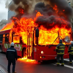 Firefighters extinguishing a fire on a city bus in Shreveport
