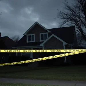 Police tape surrounding a suburban home after a tragic incident.